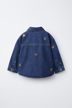 ZARA ДЖИНСОВАЯ КУРТКА-РУБАШКА С ВЫШИВКОЙ В ВИДЕ МЕДВЕЖАТ, ИНДИГО