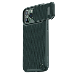 Текстурный чехол зеленого цвета (Dark Green) для iPhone 13 Pro Max от Nillkin, серия Textured Case S (покрытие нейлонового волокна), полуавтоматическая механизм сдвижной шторки