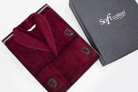 LUXURE махровый мужской халат бордовый  SOFT COTTON Турция