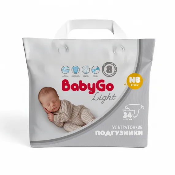 Подгузники BabyGo Light ультратонкие NB (0-5) 34 шт.