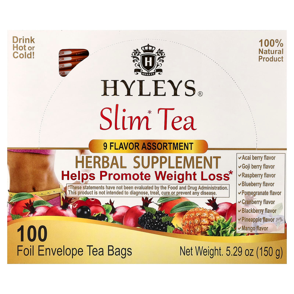 Hyleys Tea, Slim Tea, набор из 9 вкусов, чайные пакетики в 100 фольгированных пакетиках, 150 г (5,29 унции)