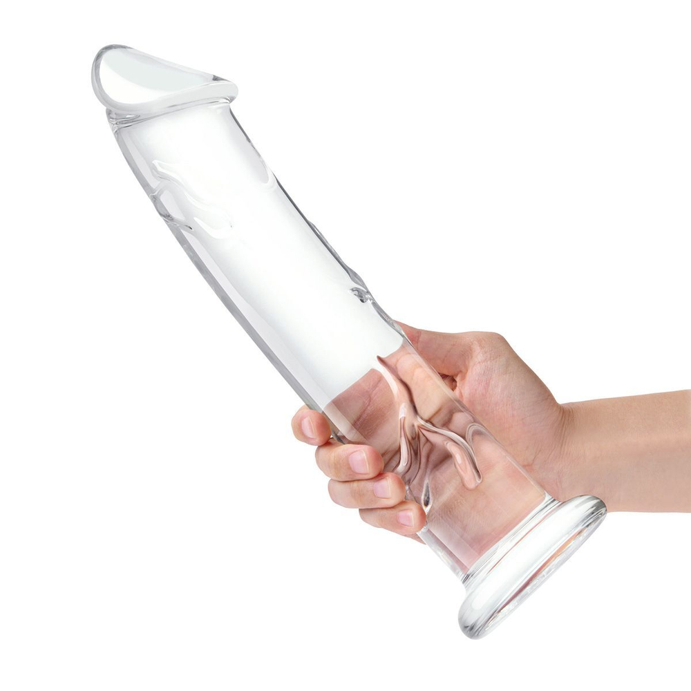 Большой стеклянный стимулятор 12’’ Glass Dildo With Veins & Flat Base - 28 см. (Цвет: прозрачный)