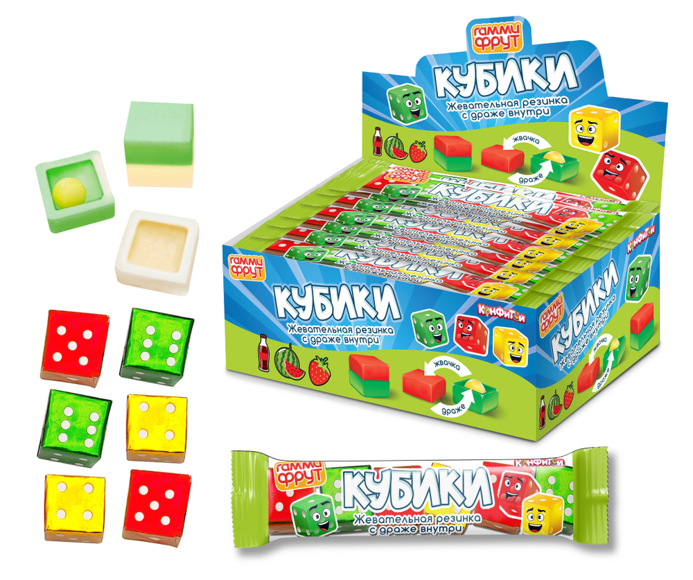 ГАММИ ФРУТ Кубики жевательная резинка с драже внутри, блок 30 шт. (18г х 30шт х 18бл)