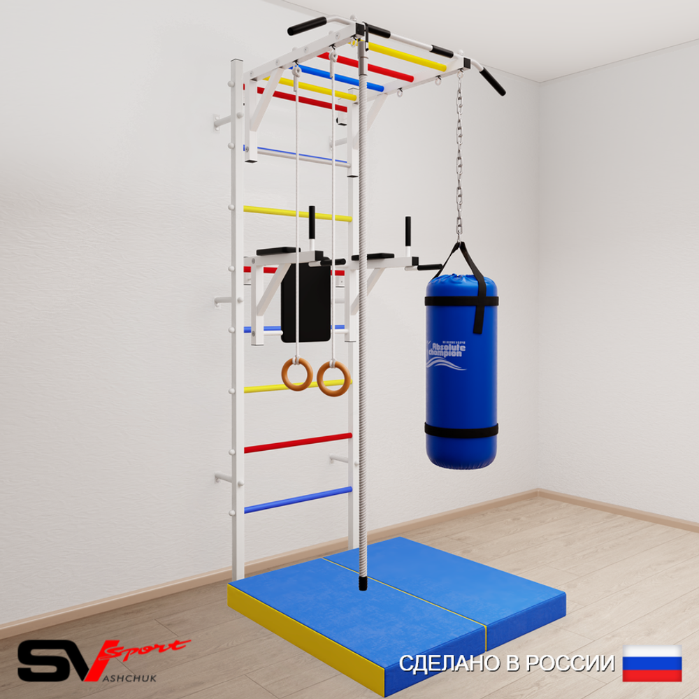 Шведская стенка Sv Sport усиленная 6446 (Турник рукоход/Брусья/Канат/Кольца/Цепь/Мешок 22кг/Мат 1м)