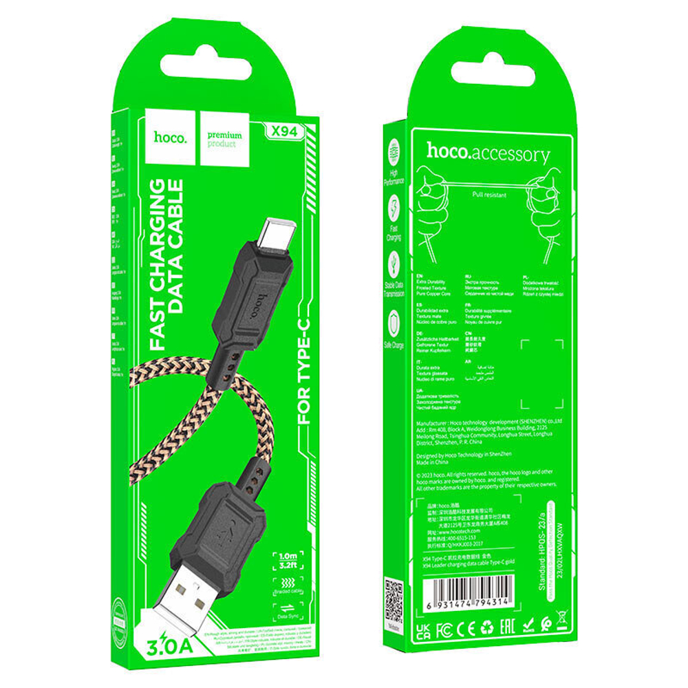 Кабель HOCO X94 USB-Type-C 3A 1м Nylon Gold
