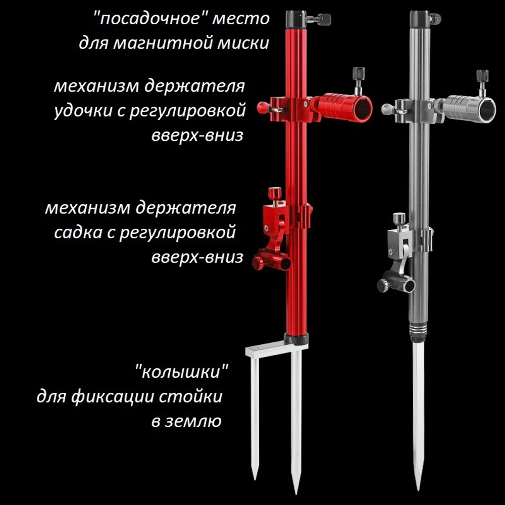 Стойка рыболовная с механизмом для держателя удочки, держателем садка и "посадочным местом для магнитной "головы"