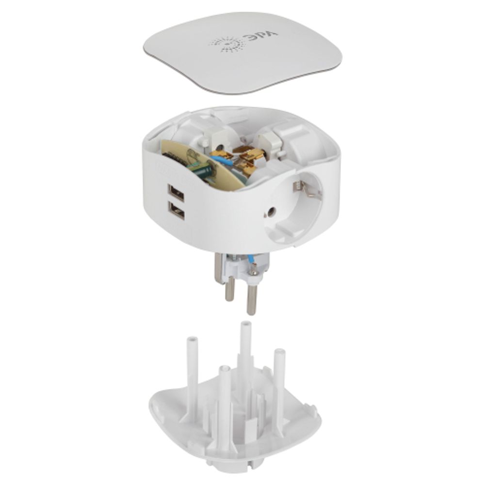 Разветвитель электрический ЭРА SP-3e-USB-2A на 3 розетки + 2 USB с заземлением со шторками 16А белый | Электротовары