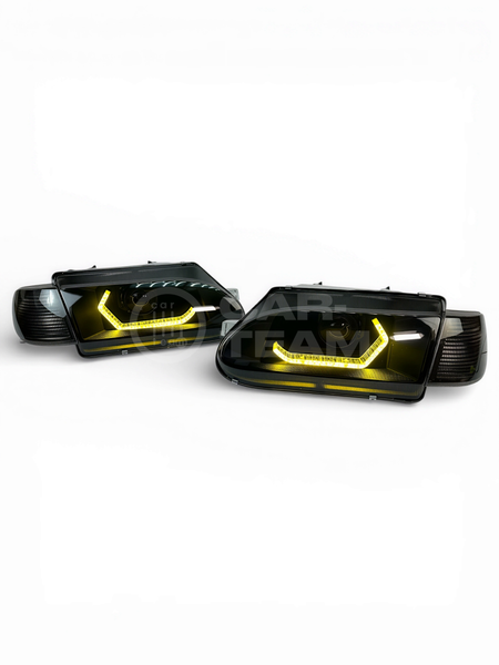 Фары ВАЗ 2113, 2114, 2115 передние в стиле AUDI  Black Crystal с Bi LED модулями, тонированные поворотники (острые галочки) под ключ