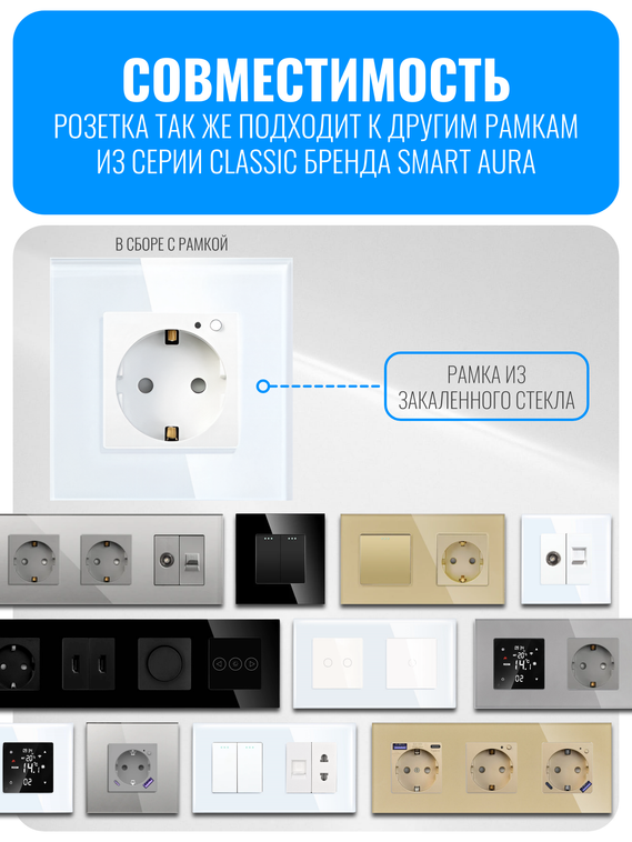 Умная Wi-Fi розетка с заземлением Smart Aura серия Classic с рамкой из стекла