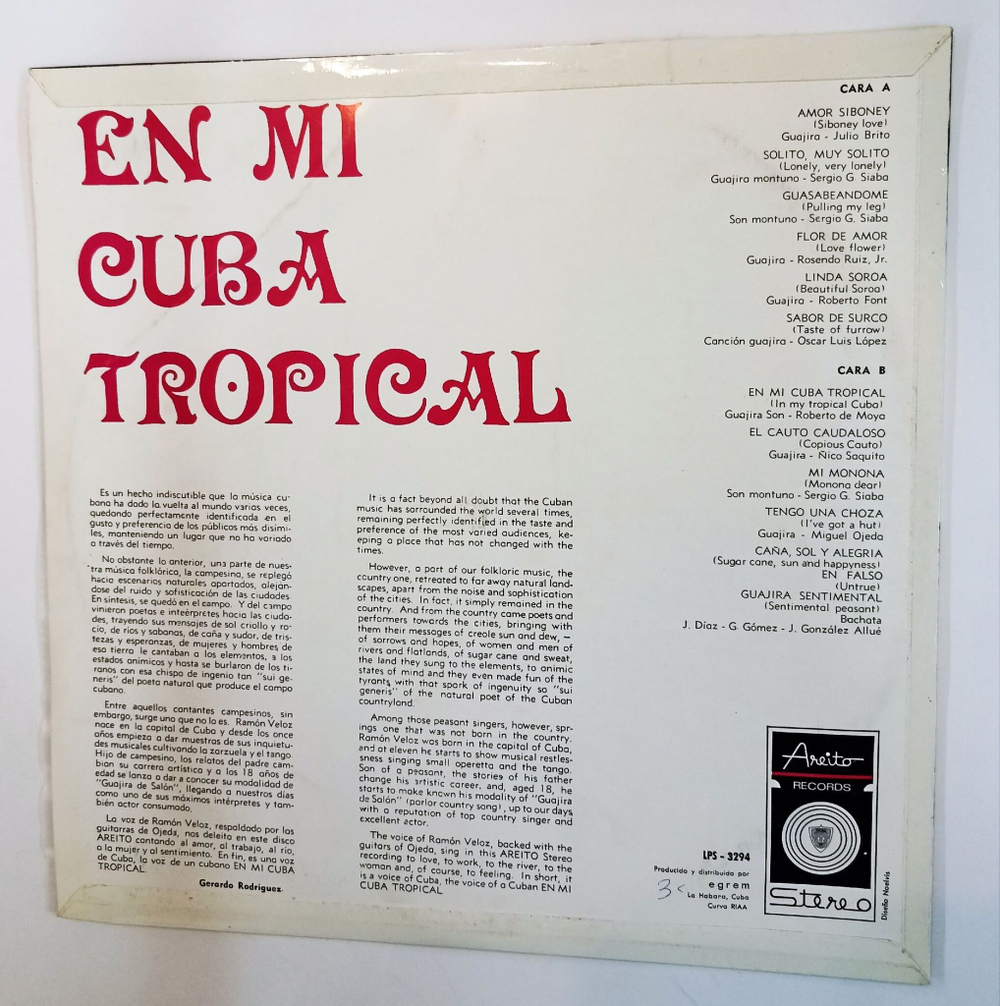Винтажная виниловая пластинка LP Ramon Veloz En Mi Cuba Tropical (Cuba)