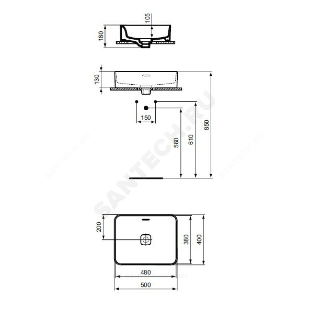 Умывальник мебельный STRADA II Vessel 50 без отверстия под смеситель Ideal Standard T296501
