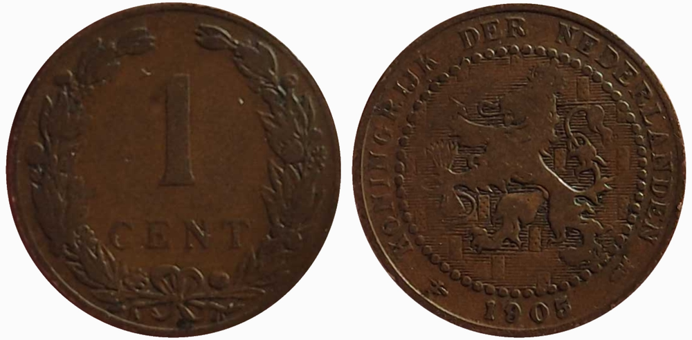 Нидерланды 1 цент, 1902 - 1907 Герб VF