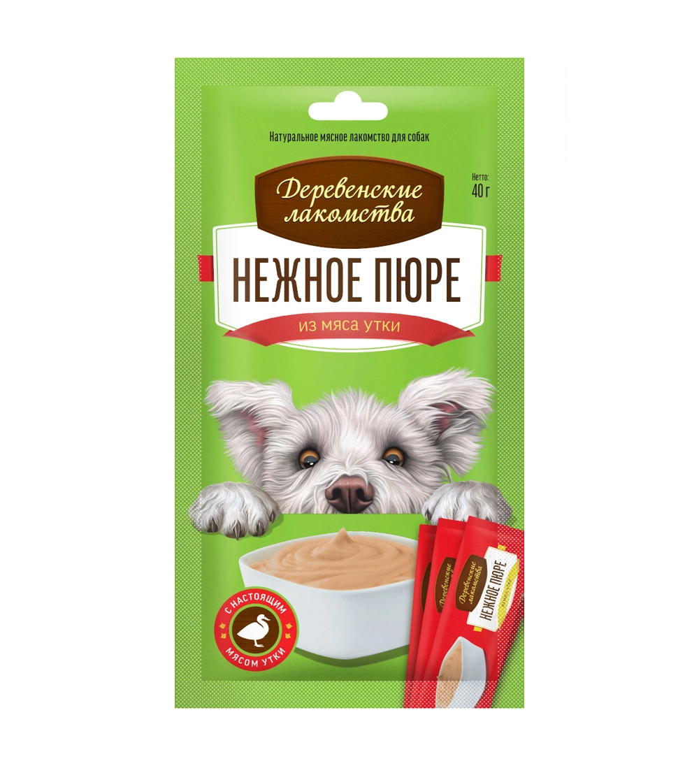 Нежное пюре из мяса утки, 40г лакомства для собак Деревенские лакомства