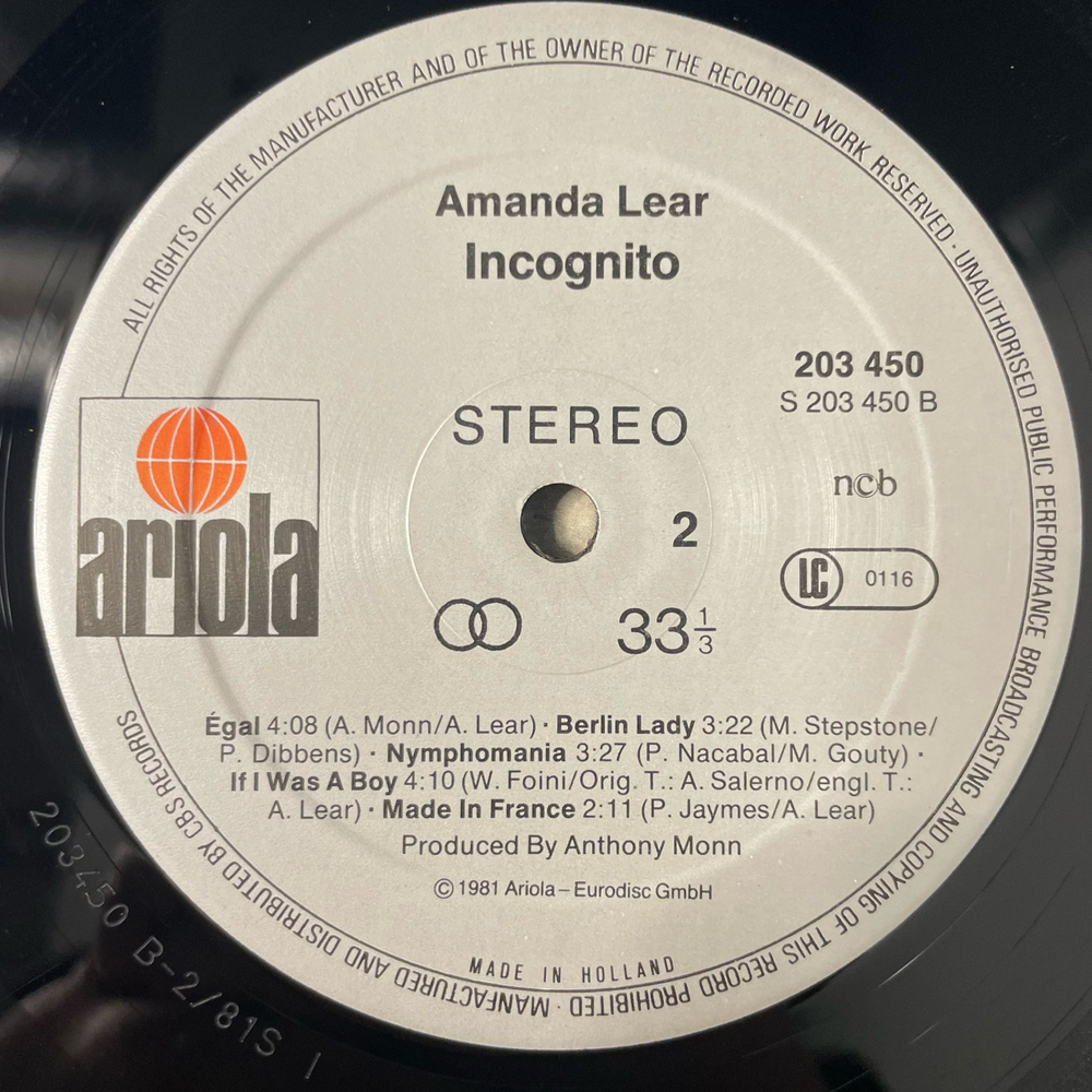Винтажная виниловая пластинка LP Amanda Lear Incognito (Нидерланды 1981)