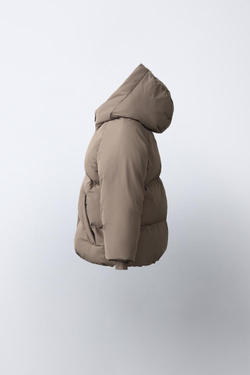 ZARA СТЕГАНОЕ ПАЛЬТО С КАПЮШОНОМ WATER REPELLENT, СЕРОВАТО-КОРИЧНЕВЫЙ