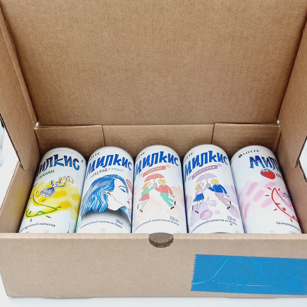 Lotte Milkis набор слабогазированных молочных напитков (клубника, персик, банан, виноград, Милкис), 1.25 л (5 банок х 250 мл), (Южная Корея)