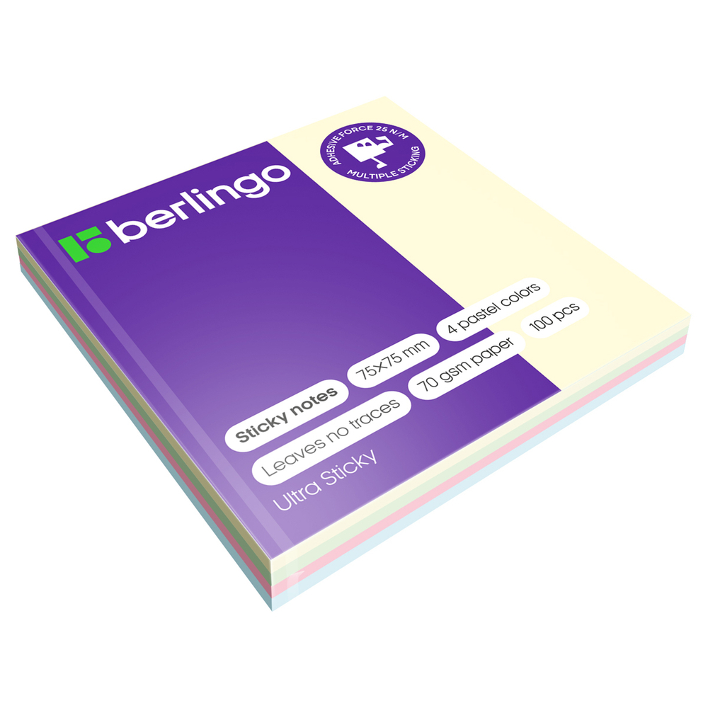 Самоклеящийся блок Berlingo "Ultra Sticky", 75*75мм, 100л., 4 пастельных цвета