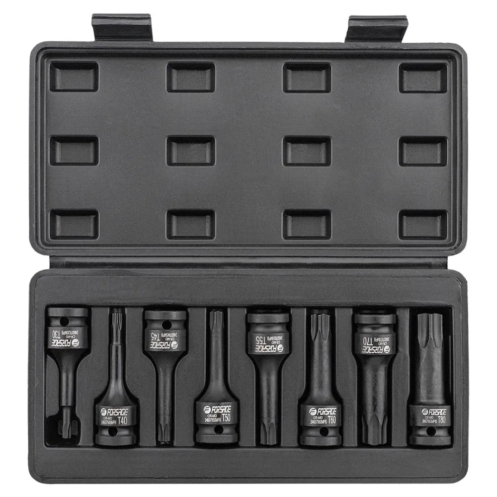 Набор головок-бит TORX ударных 8пр. 1/2''(T30, Т40, Т45, Т50, Т55, Т60, Т70, 80), в кейсе Forsage F-4088MPB