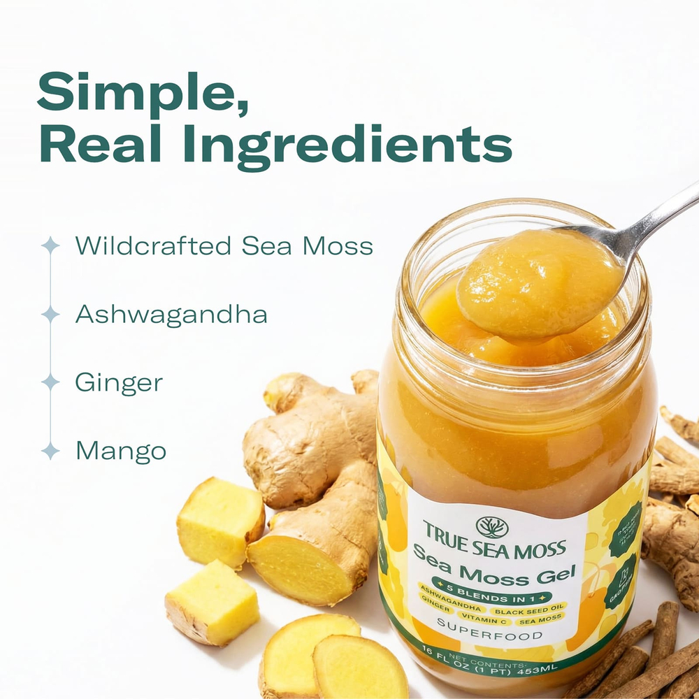True Sea Moss, гель из морского мха-суперфуда, 5 в 1, манго, 473 г (16 жидк. унций)