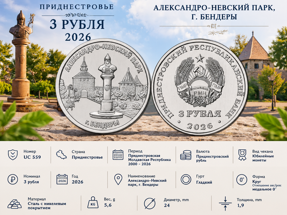 Приднестровье 3 рубля, 2026 Александро-Невский парк
