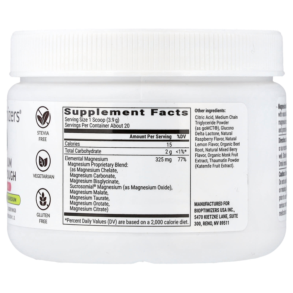BIOptimizers, Magnesium Breakthrough, малиновый лимонад, 134 г (4,7 унции)