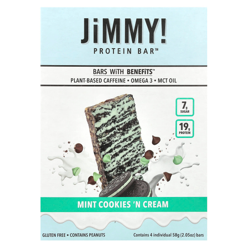 JiMMY!, Bars With Benefits™, протеиновый батончик, мятное печенье и крем, 4 батончика по 58 г (2,05 унции)