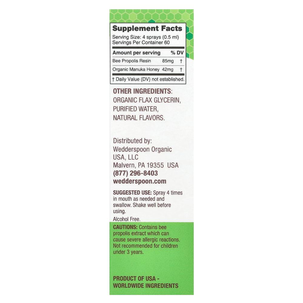 Wedderspoon, Manuka Honey, & Propolis, спрей для горла, ромашка и мята, MGO 400+, 30 мл (1 жидк. унц.)
