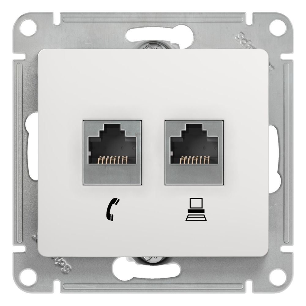 Schneider Electric Glossa Белый Розетка 2-местная RJ11+RJ45, категория 5E механизм IP20 скрытая установка GSL000185