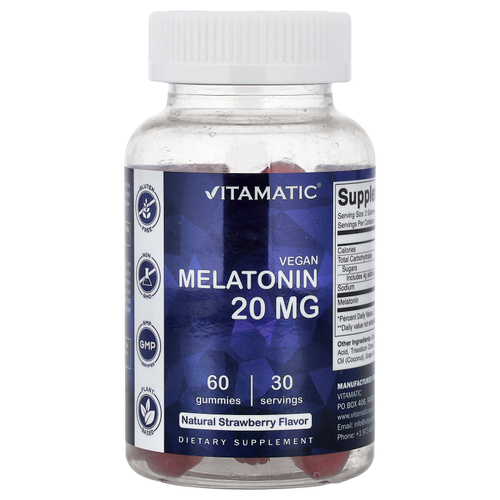 Vitamatic, веганские жевательные таблетки с мелатонином, натуральный клубничный вкус, 60 жевательных таблеток (10 мг в 1 таблетке)