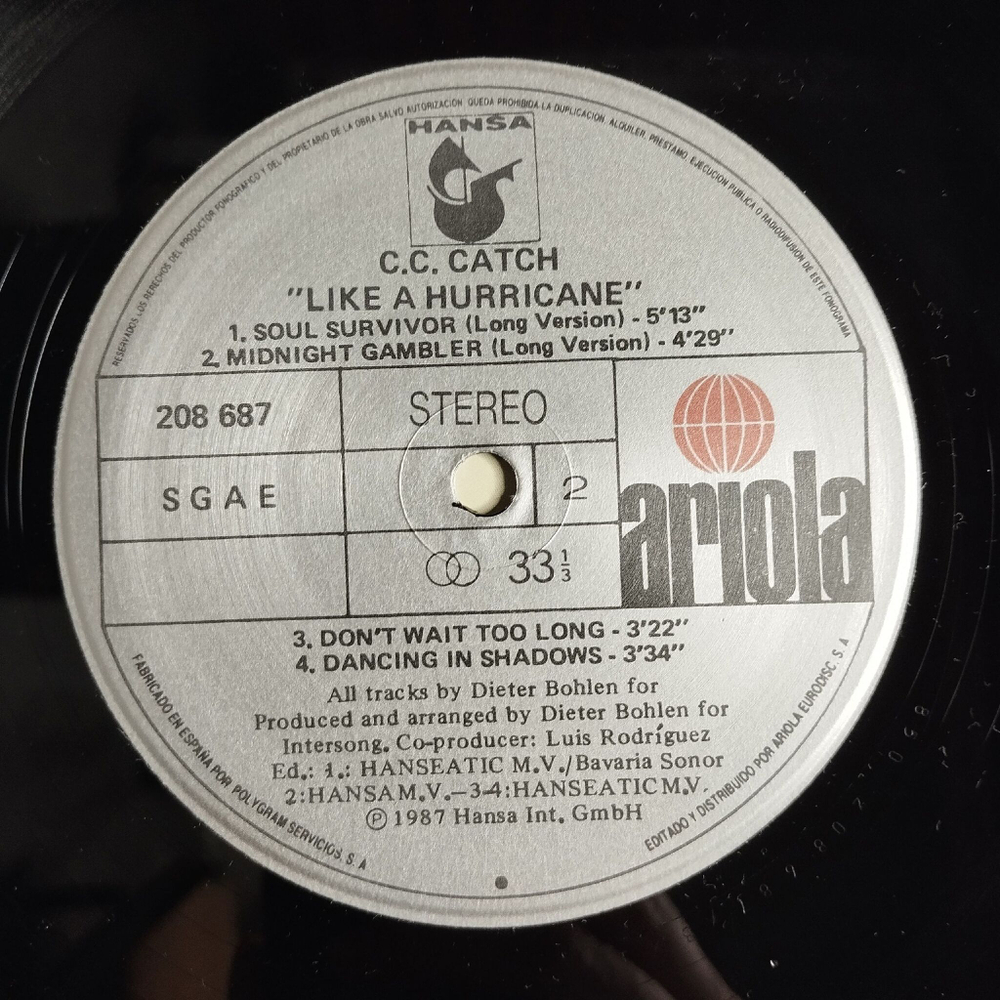 Винтажная виниловая пластинка LP C.C. Catch Like A Hurricane (Spain 1987) Dancing In Shadows