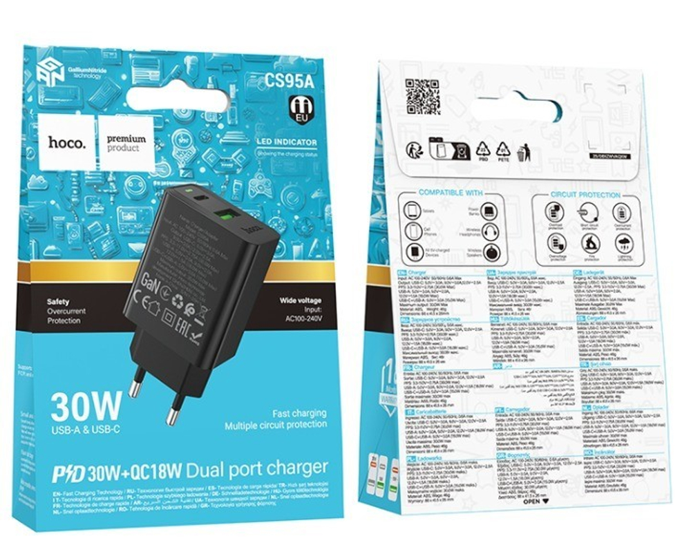 Сетевое зар. устр. Hoco CS95A 1USB/1C 30W QC3.0 черное