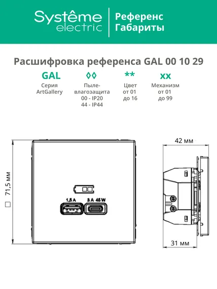 Розетка с USB A+C Systeme Electric ArtGallery Карбон GAL001029