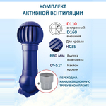 Комплект активной вентиляции: Вентиляционный выход изолированный D125/160 утепленный высота H=500 мм, проходной элемент PROF-35 для металлопрофиля кровельного профнастила 35мм, ротационная вентиляционная турбина Ø 160 мм серия Twister, переход на канализационную трубу D110 с вентиляционного выхода 125/160 без уплотнения, синий