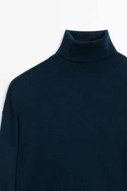 Massimo Dutti Свитер из 100% шерсти с высоким воротником, синий