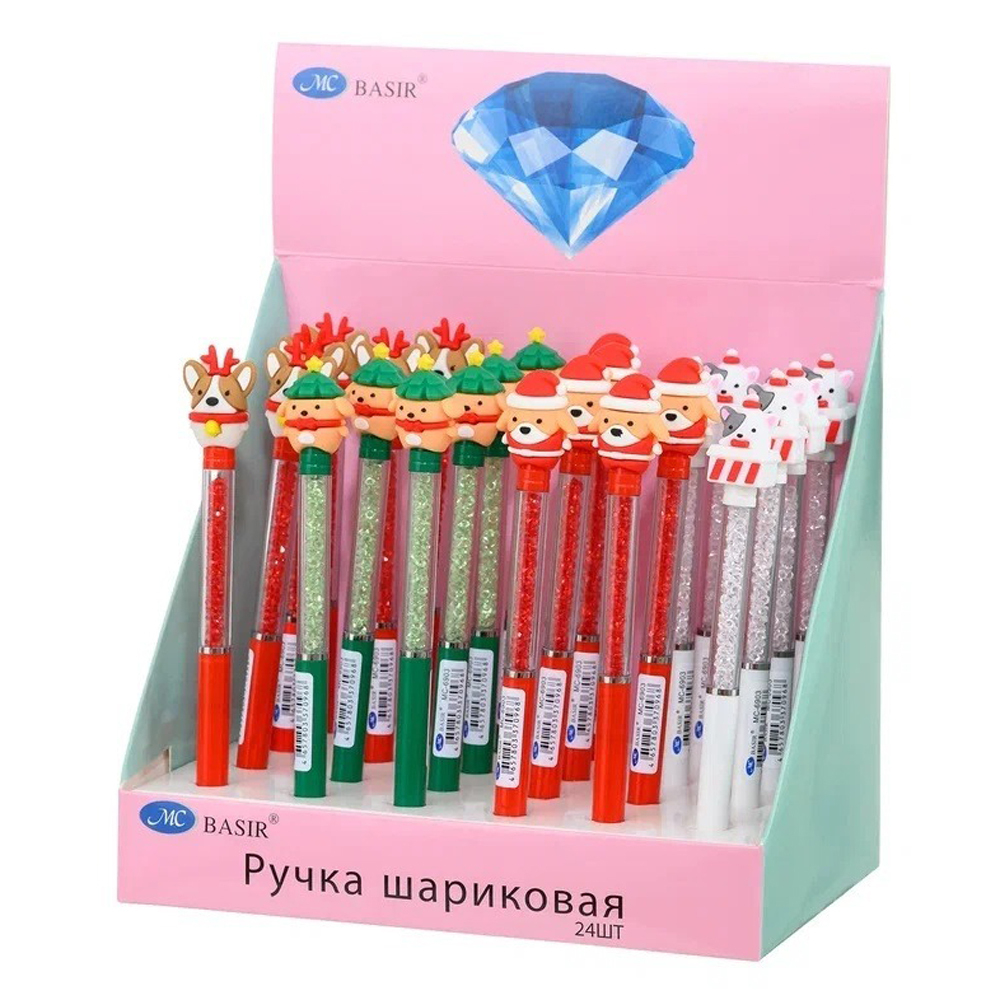 Ручка шариковая, автоматическая, Basir, синие чернила, серия "Новогодние", с резиновой фигуркой, 24 шт