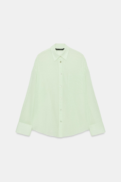 ZARA РУБАШКА ОВЕРСАЙЗ ИЗ ГАЗА С КАРМАНОМ, БЕЛЫЙ/ЗЕЛЕНЫЙ