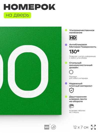 Номер на дверь 700, табличка на дверь для офиса, квартиры, кабинета, аудитории, склада, зеленая 120х70 мм, Айдентика Технолоджи