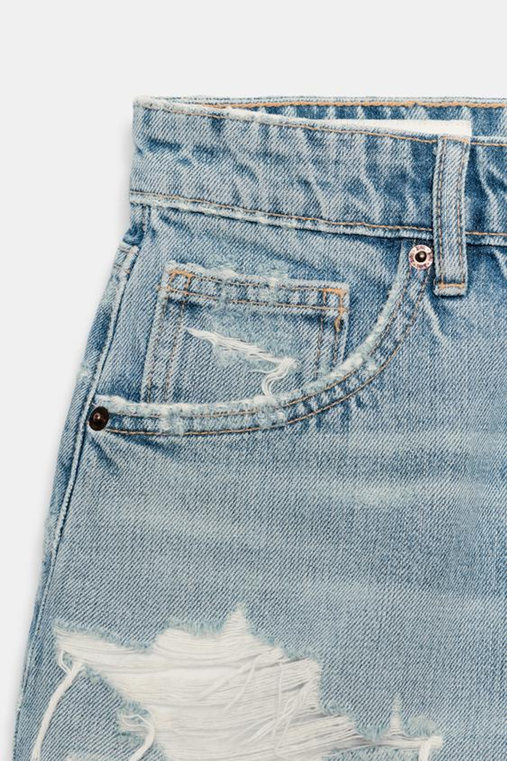 ZARA ДЖИНСОВЫЕ ШОРТЫ TRF С ВЫСОКОЙ ПОСАДКОЙ И РАЗРЫВАМИ, СИНИЙ