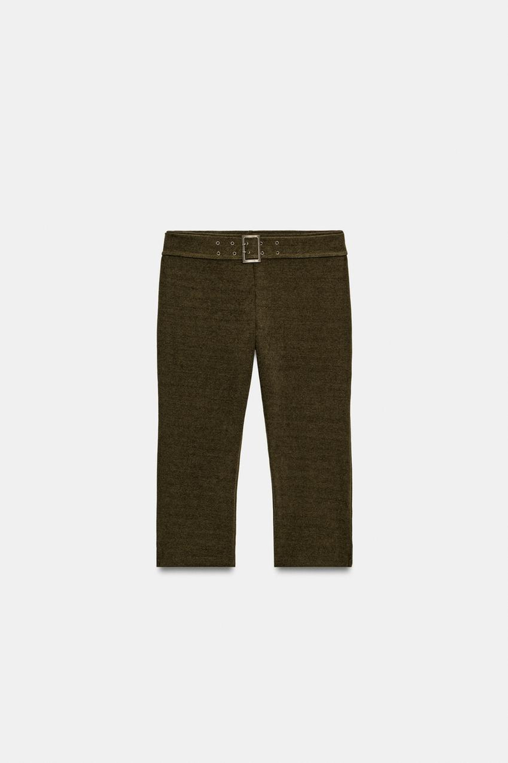 ZARA БРЮКИ КАПРИ ИЗ ВЕЛЬВЕТА С ПОЯСОМ, ТЕМНО-ОЛИВКОВЫЙ