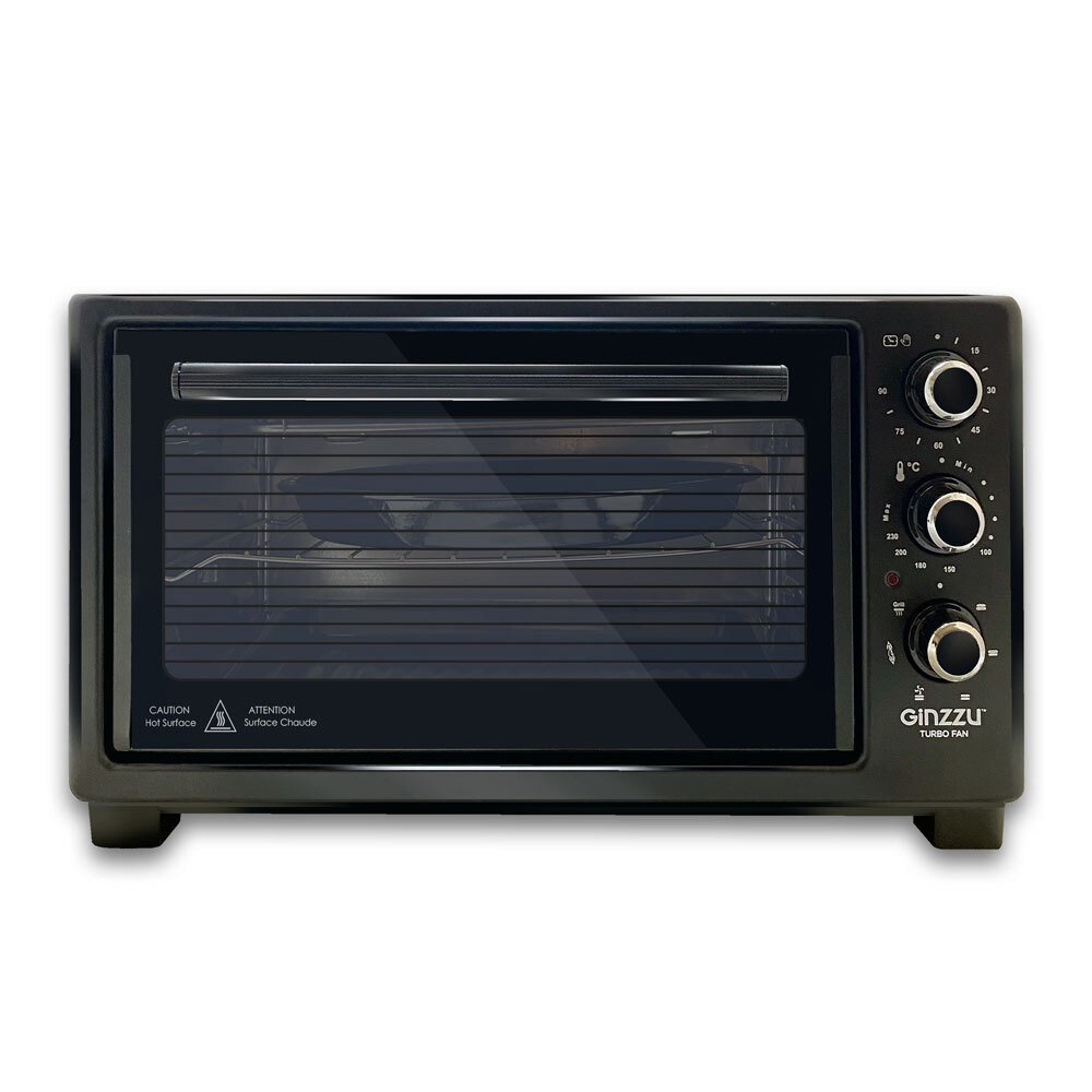 Мини-печь Ginzzu HOT-143 black, 45л, 6 режимов, гриль, конвекция, подсветка, таймер, вертел 1800Вт