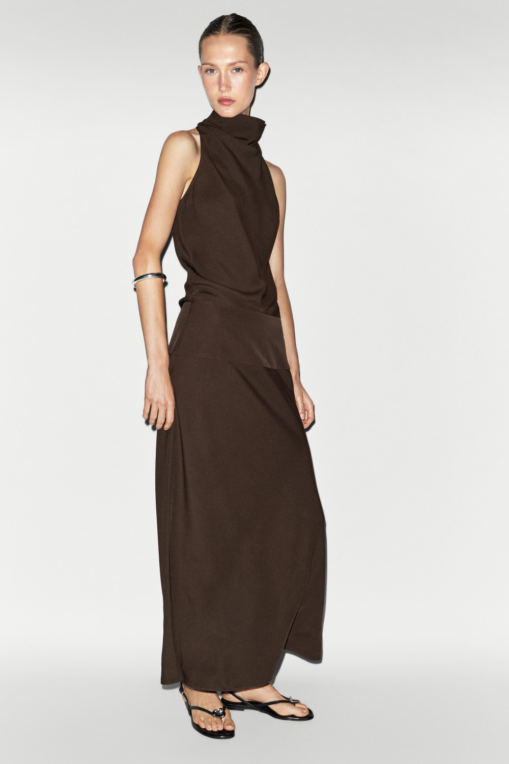 Massimo Dutti Платье миди халтер с поясом, коричневый