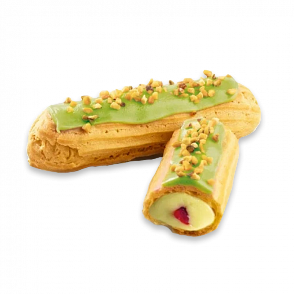 Эклер с фисташковым заварным кремом и малиной