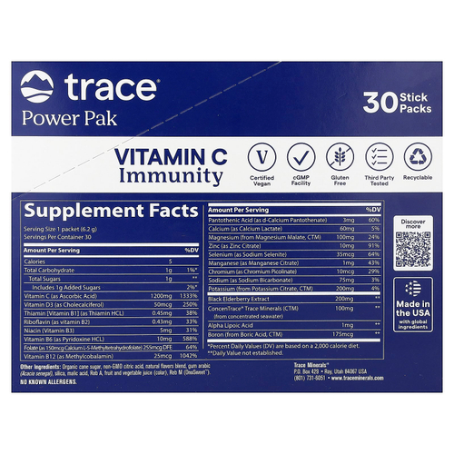 Trace, Power Pak, витамин C для укрепления иммунитета, тропический арбуз, 30 стик-пакетов по 6,2 г (0,22 унции)