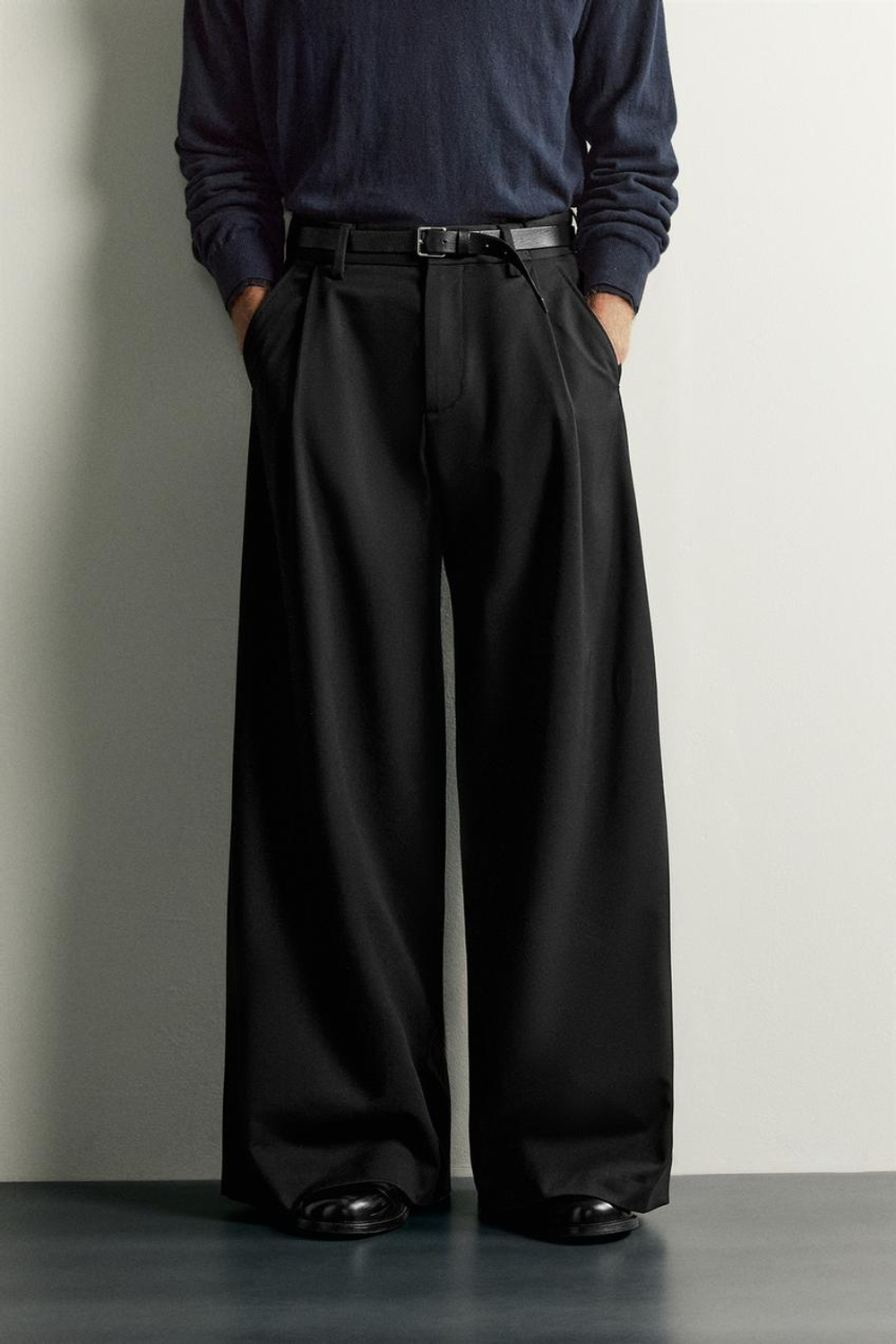 ZARA БРЮКИ WIDE FIT СО СКЛАДКАМИ, ЧЕРНЫЙ