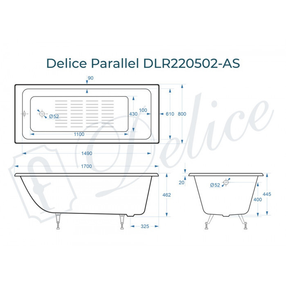 Ванна чугунная Delice Parallel 170х80 с антискользящим покрытием DLR220502-AS
