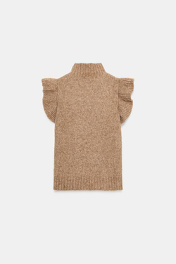ZARA ЖИЛЕТ ИЗ ШЕРСТИ С ВОЛАНАМИ, РЫЖЕВАТО-КОРИЧНЕВЫЙ