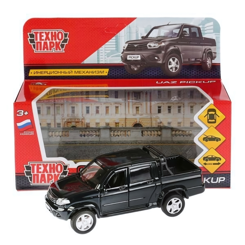 Модель ин. мет. "UAZ Pickup" 12см, открыв. двери, черный в коробка PICKUP-BK (Технопарк)