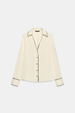 ZARA АТЛАСНАЯ РУБАШКА С КОНТРАСТНОЙ ОКАНТОВКОЙ, ЭКРЮ