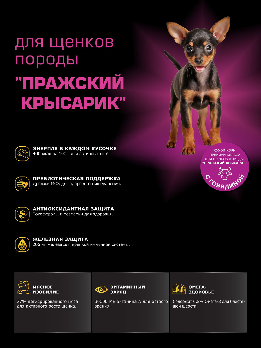 Корм сухой для щенков породы Пражский крысарик, с говядиной, 12 кг, QUATTRO