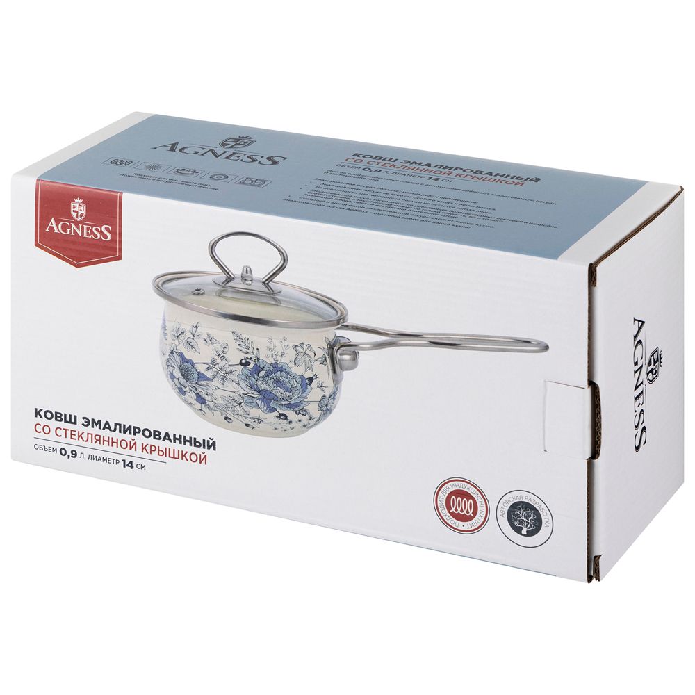 КОВШ AGNESS ЭМАЛИРОВАННЫЙ СО СТЕКЛЯННОЙ КРЫШКОЙ СЕРИЯ "ROYAL BLUE", 0,9 Л, ДИА. 14СМ